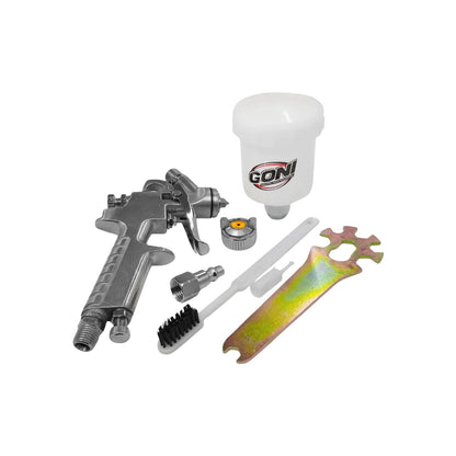 Pistola para pintar de gravedad mini GONI 150ml, incluye vaso, boquilla, llave y cepillos de limpieza.