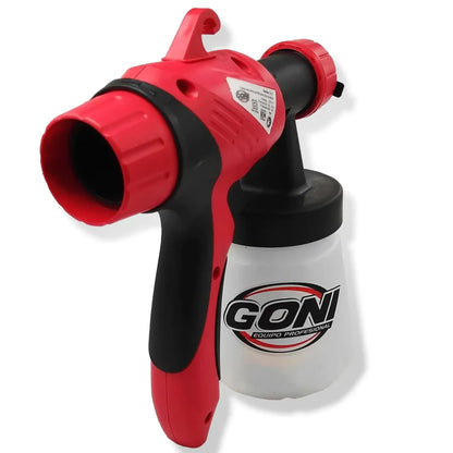 Pulverizador de pintura eléctrico Goni rojo y negro, pistola portátil para acabados profesionales.