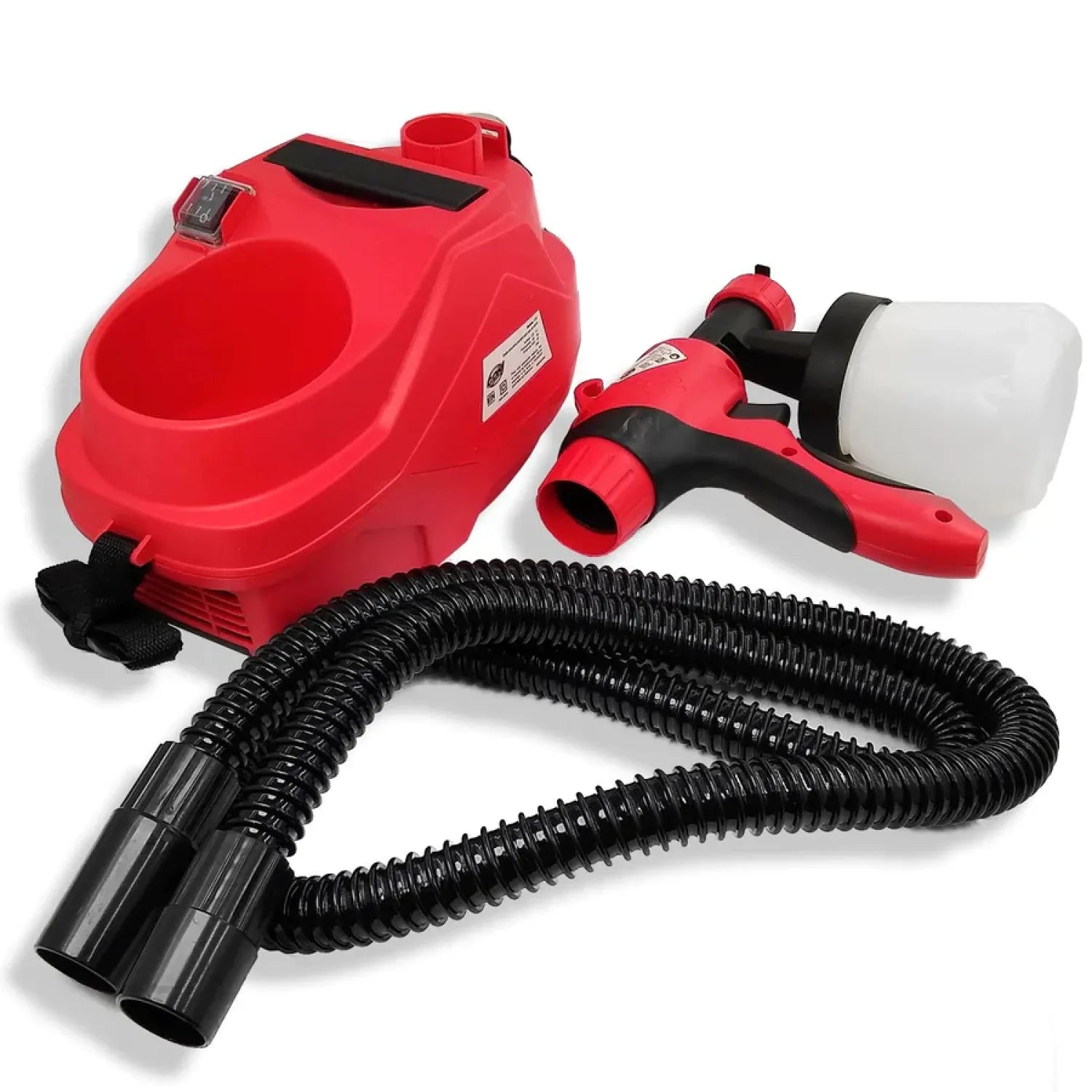 Pulverizador eléctrico de pintura rojo y negro con pistola, manguera y unidad motorizada. Ideal para hogar.