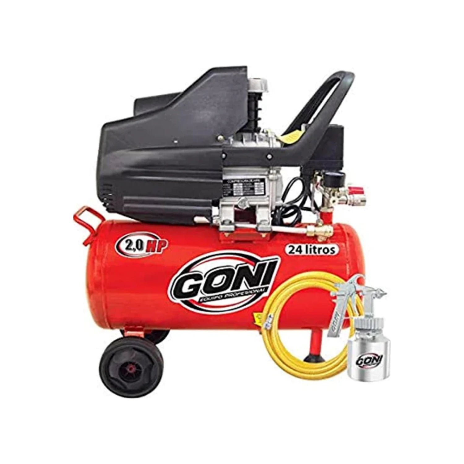 Compresor de aire Goni rojo 2 HP, 24 litros, con pistola de pintura y manguera para taller