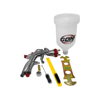 Pistola para pintar de gravedad Goni LVLP, kit completo con copa 600ml, cepillo y llave, cromo y rojo.