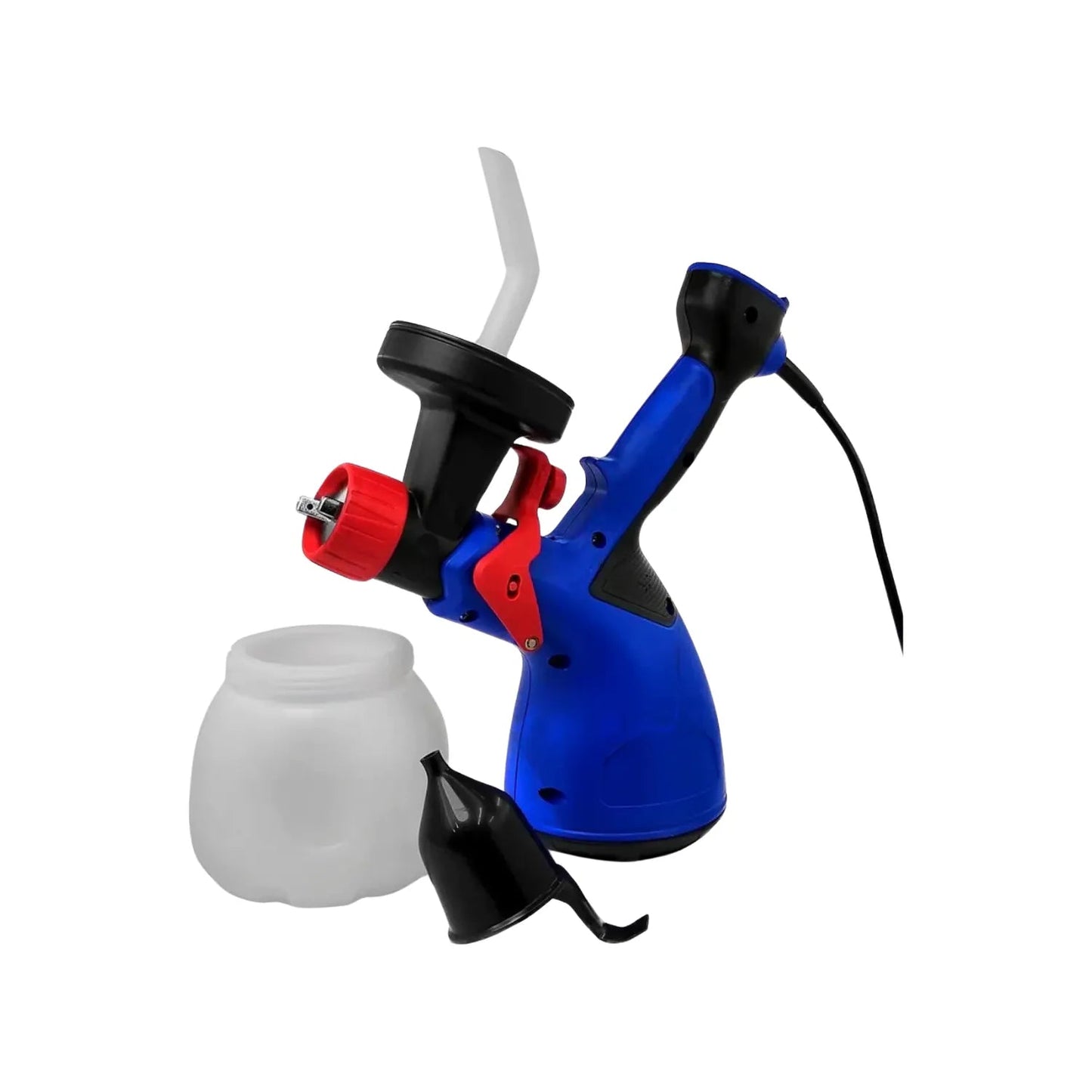 Pistola de pintar eléctrica azul con boquilla roja, contenedor blanco y embudo. Pulverizador de pintura para hogar.
