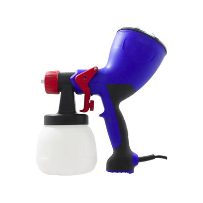 Pistola para pintar eléctrica azul con depósito blanco y gatillo rojo para proyectos de bricolaje y hogar.