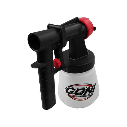 Pulverizador de pintura portátil GONI, pistola eléctrica negra con depósito blanco y regulador rojo.