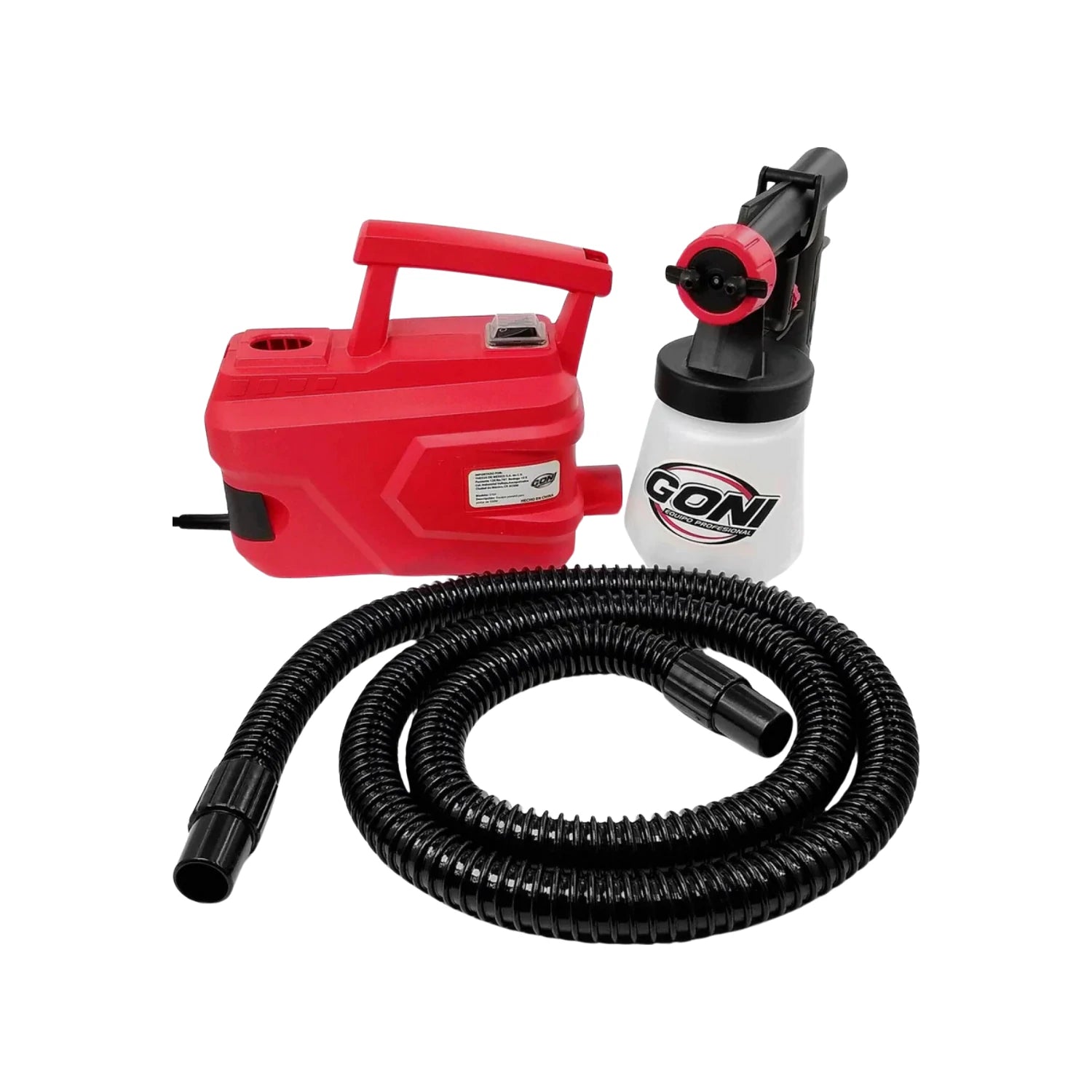 Equipo portátil para pintar eléctrico Goni 500W con pistola pulverizadora roja y manguera negra.