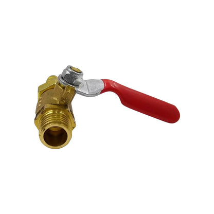 Válvula de bola de latón con rosca macho y manija roja. Ideal para drenaje de compresores y sistemas de aire.
