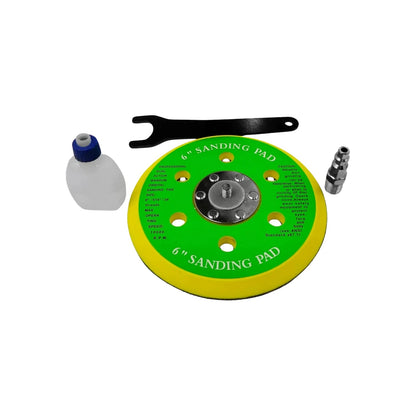 Plato lijador orbital neumático profesional 6" doble acción 10000 RPM, verde/amarillo, con llave y conector.