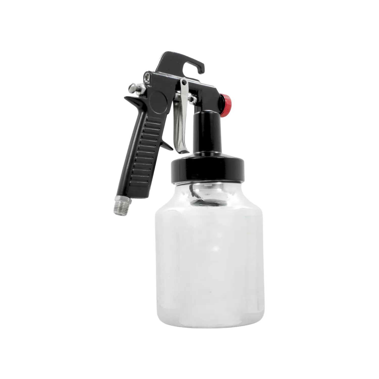 Pistola para pintar de baja presión con succión, depósito transparente, mango negro y regulador rojo