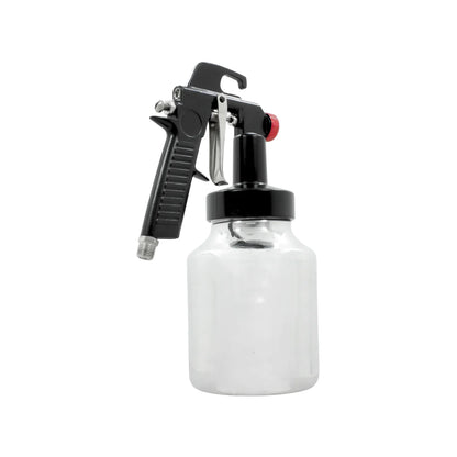 Pistola para pintar de baja presión con succión, depósito transparente, mango negro y regulador rojo