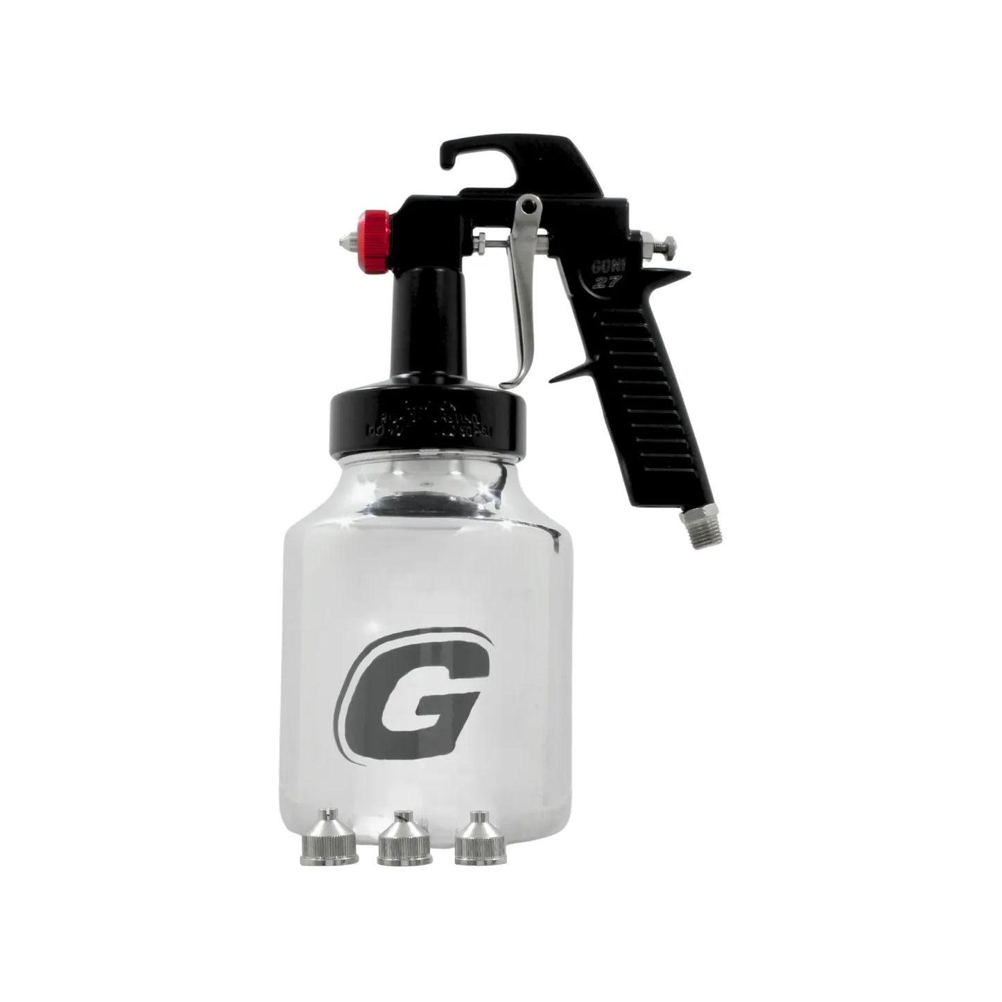 Pistola para pintar Goni 27 de succión, baja presión, color negro con botella transparente y 3 boquillas.