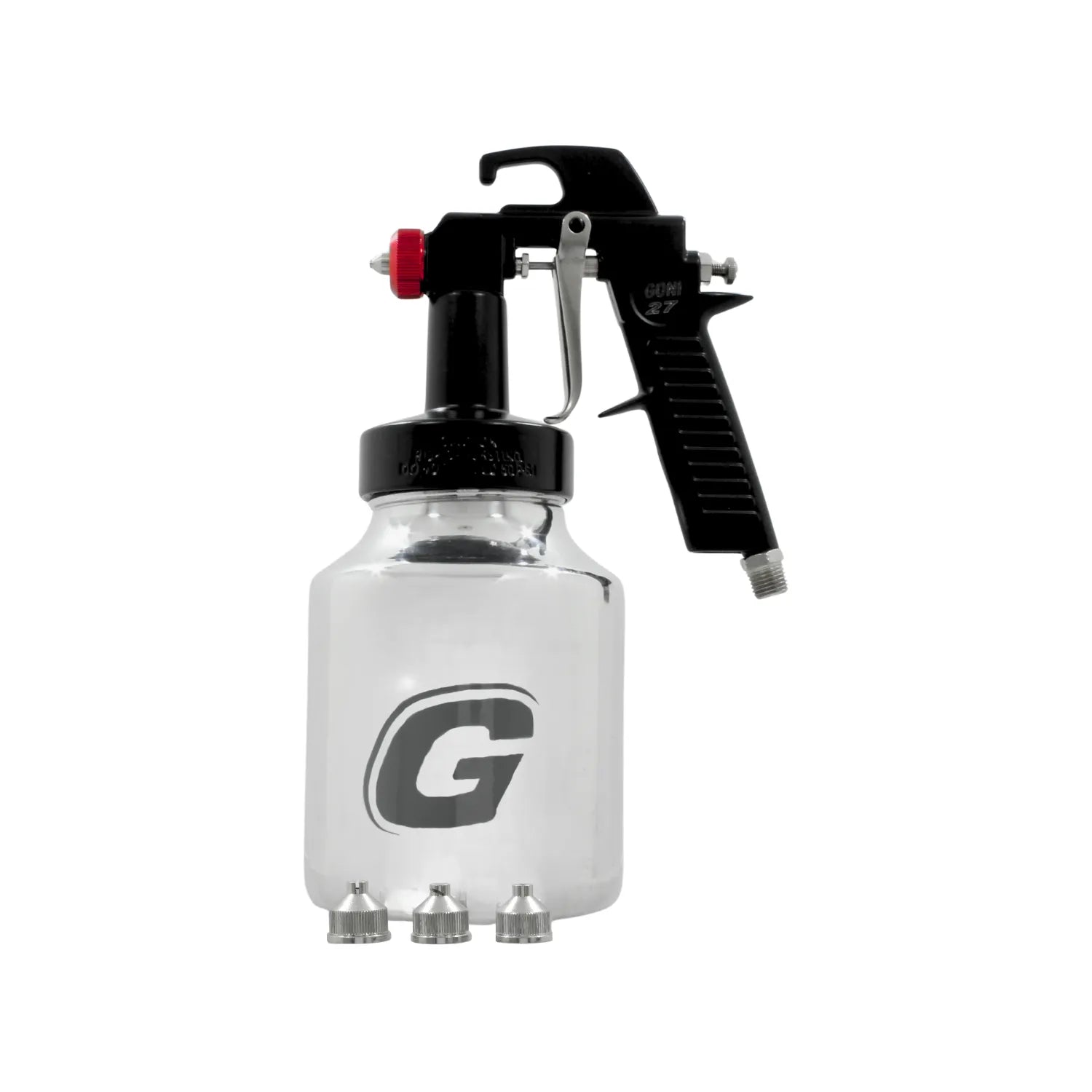 Pistola para pintar Goni 27 de succión, baja presión, color negro con botella transparente y 3 boquillas.