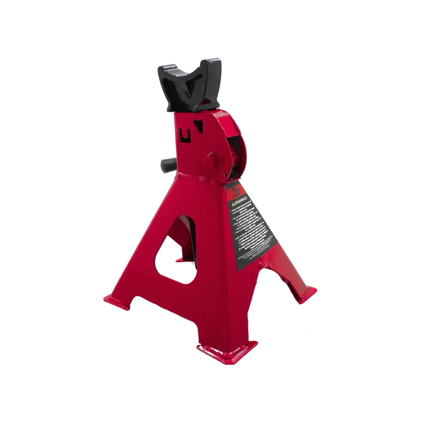 Torre de soporte para auto roja de 3 toneladas con mecanismo de trinquete y base de acero reforzada.