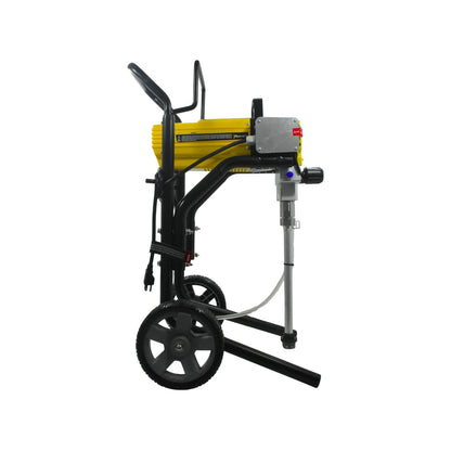 Equipo de pintura airless profesional amarillo y negro con ruedas, ideal para acabados uniformes.