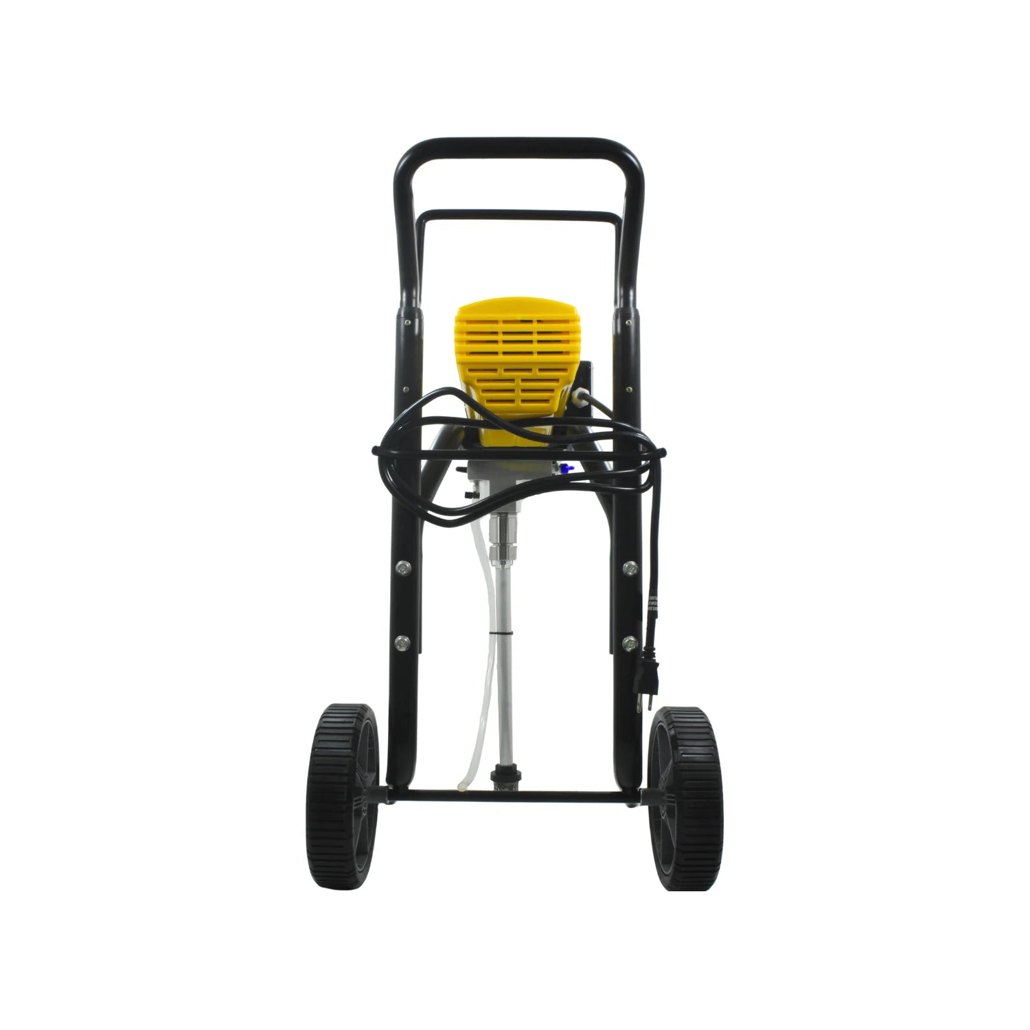 Pulverizador de pintura airless profesional con ruedas, motor amarillo y armazón negro resistente.