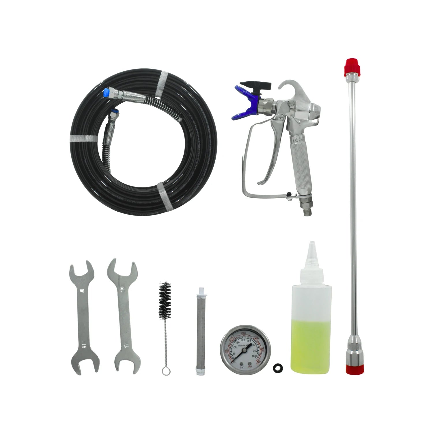Equipo de pintura airless profesional: pistola, manguera, extensión, manómetro y kit de mantenimiento.