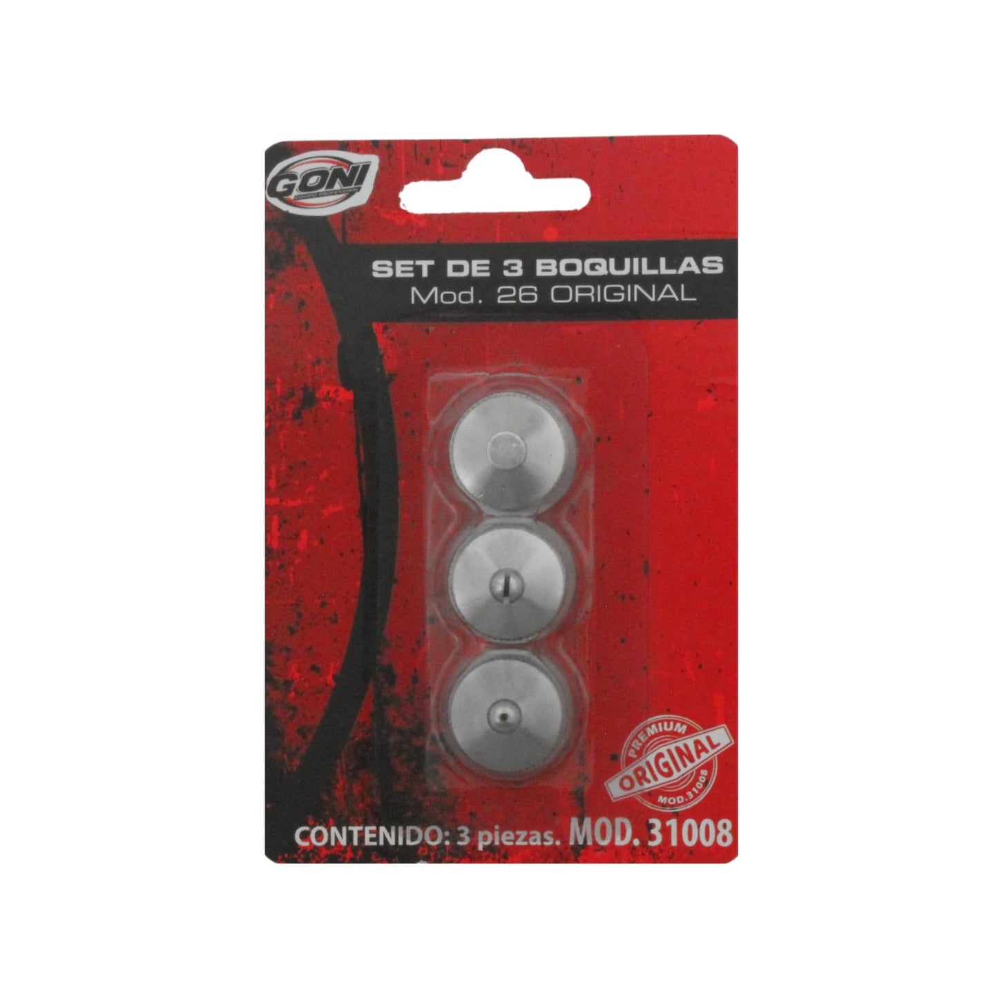 Set de 3 boquillas Goni metálicas para pistola de pintar Mod. 26, repuesto original 31008.