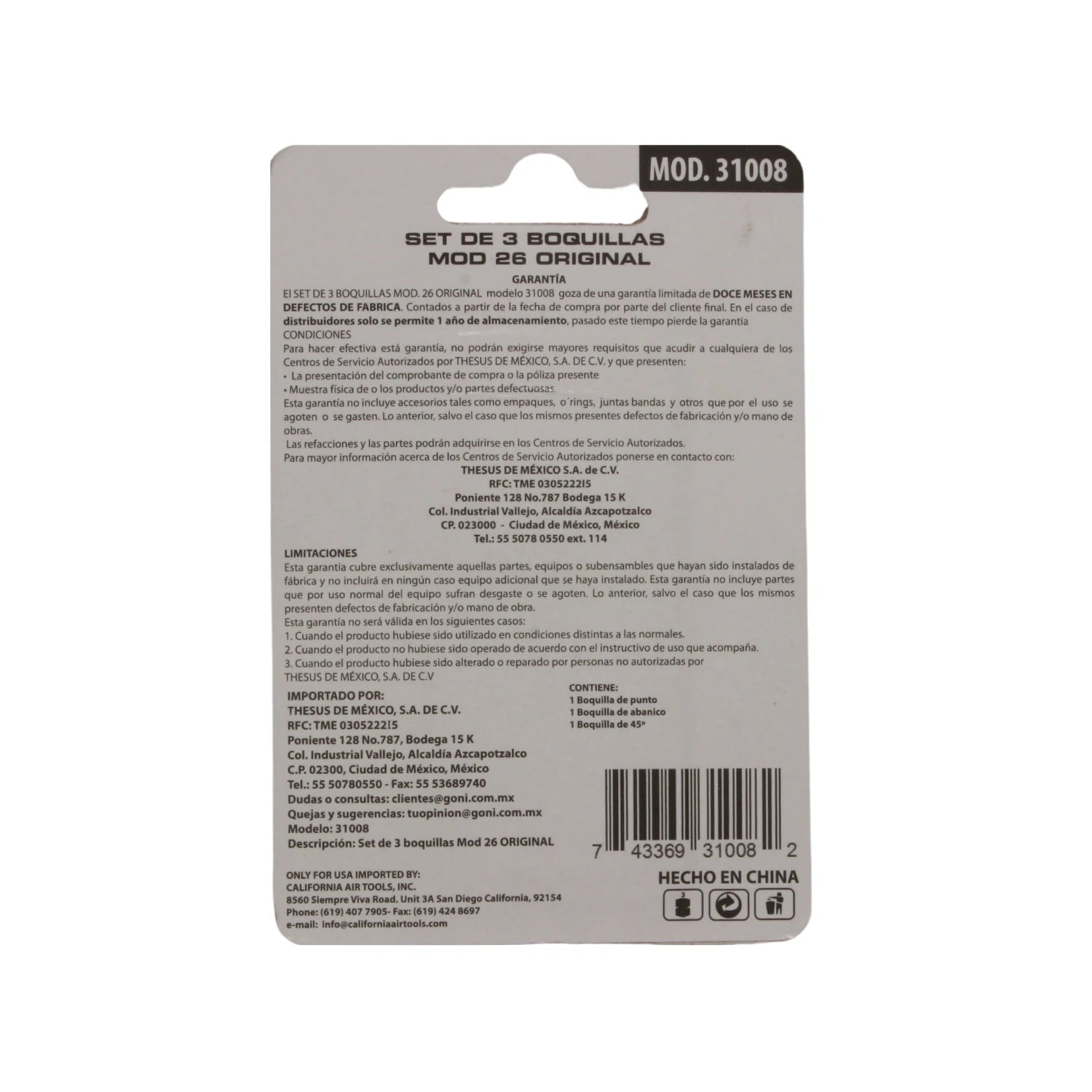 Set de 3 boquillas Mod 26/31008 para pistola de pintar, incluye boquillas de punto, abanico y 45 grados.