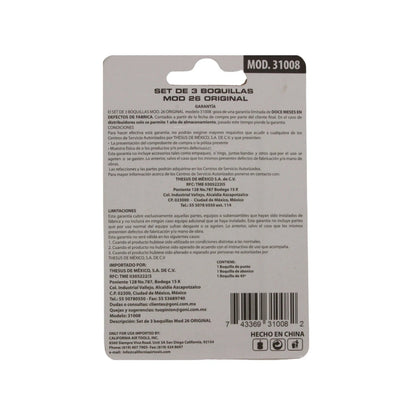 Set de 3 boquillas Mod 26/31008 para pistola de pintar, incluye boquillas de punto, abanico y 45 grados.