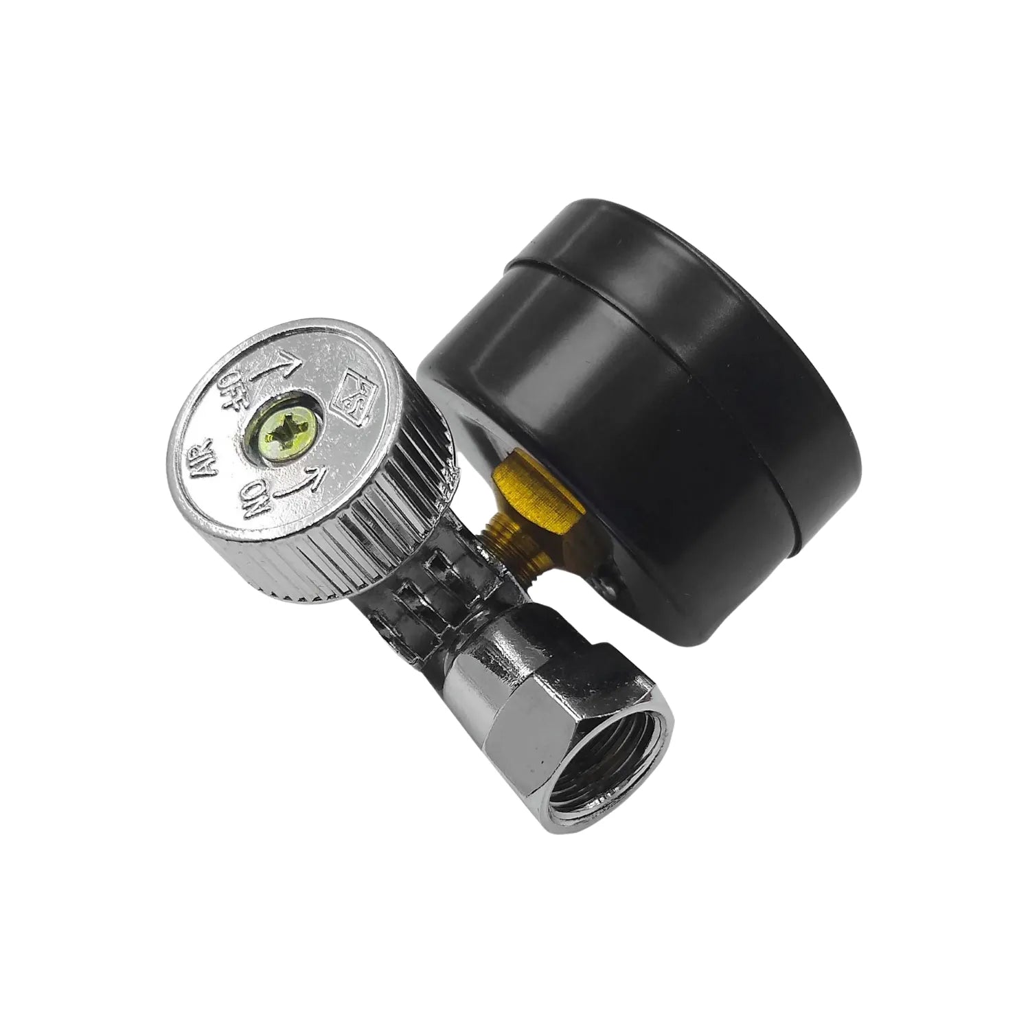 Regulador de aire Goni 316 cromado y negro con manómetro para herramientas neumáticas y compresores.