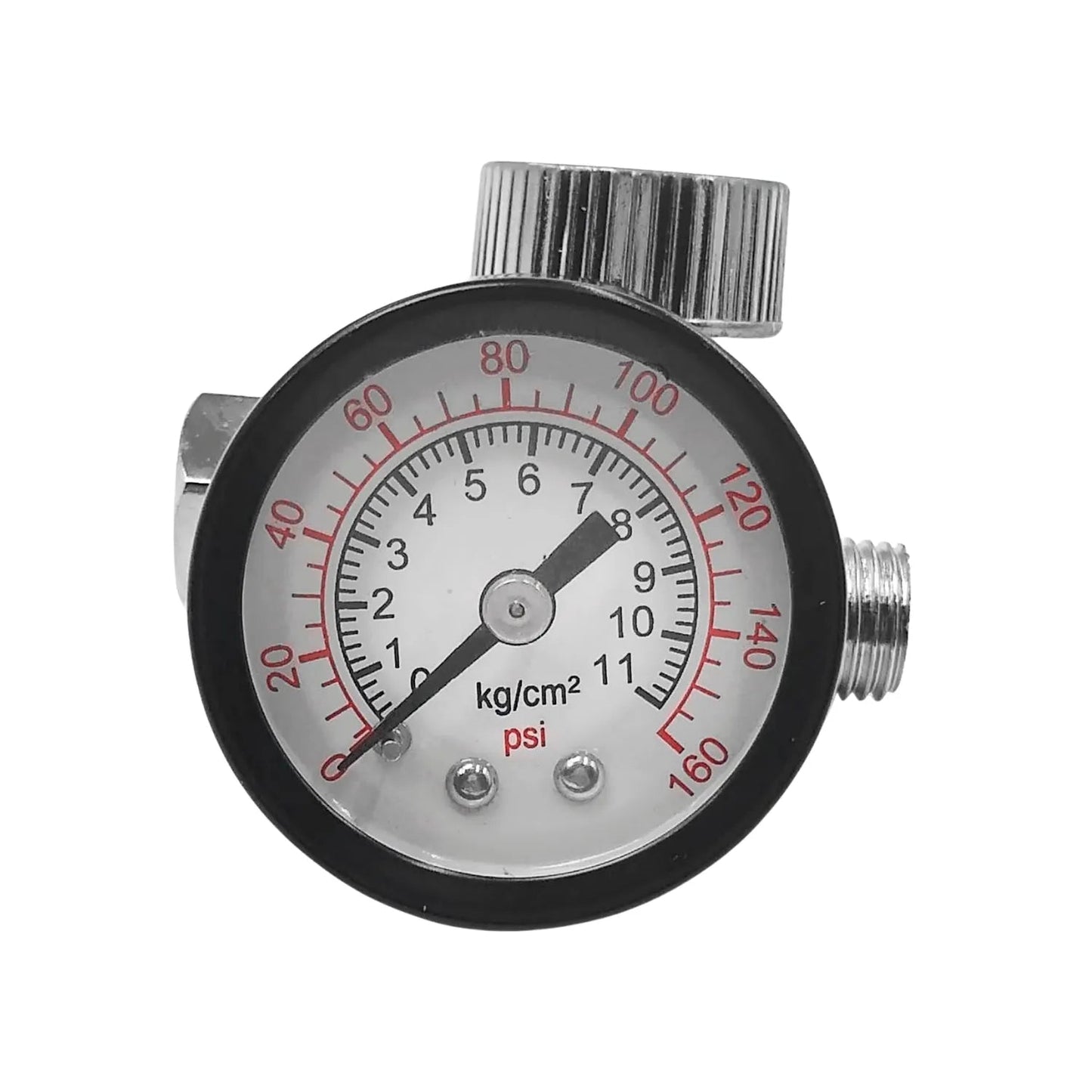 Regulador de presión de aire con manómetro dual PSI/kg/cm², escala 0-160 PSI, para compresores.