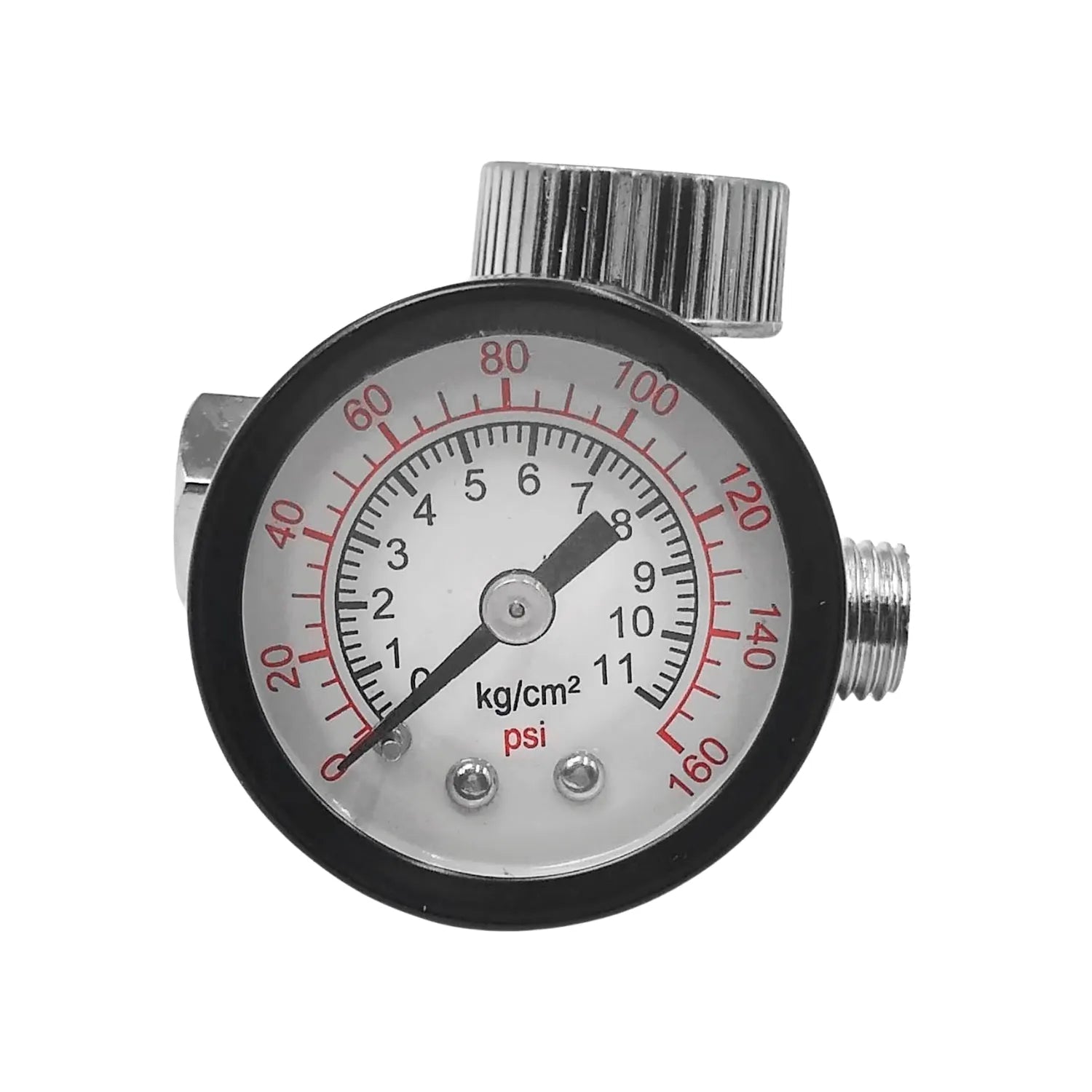 Regulador de presión de aire con manómetro dual PSI/kg/cm², escala 0-160 PSI, para compresores.