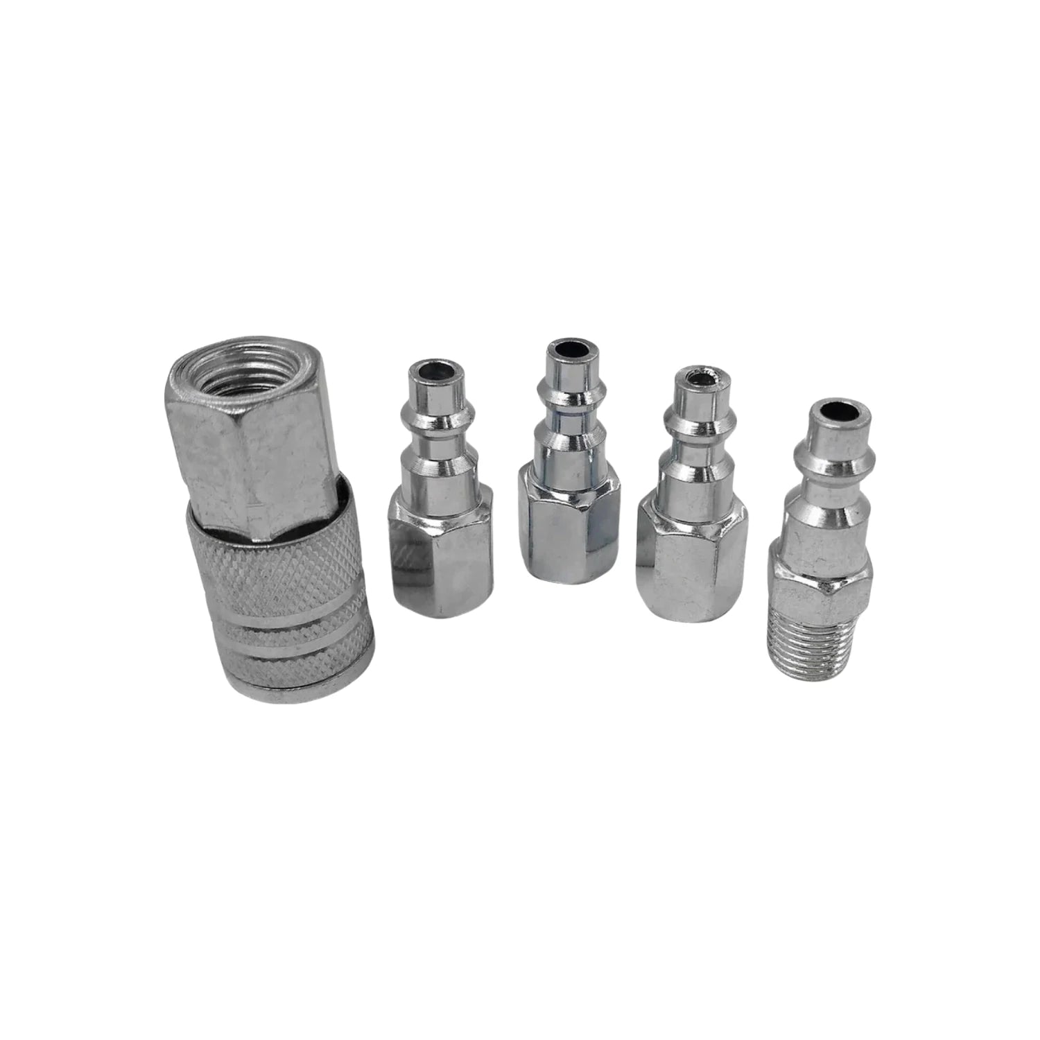 Set de 5 coples rápidos metálicos para compresora: 1 conector hembra y 4 machos para sistemas de aire neumático.