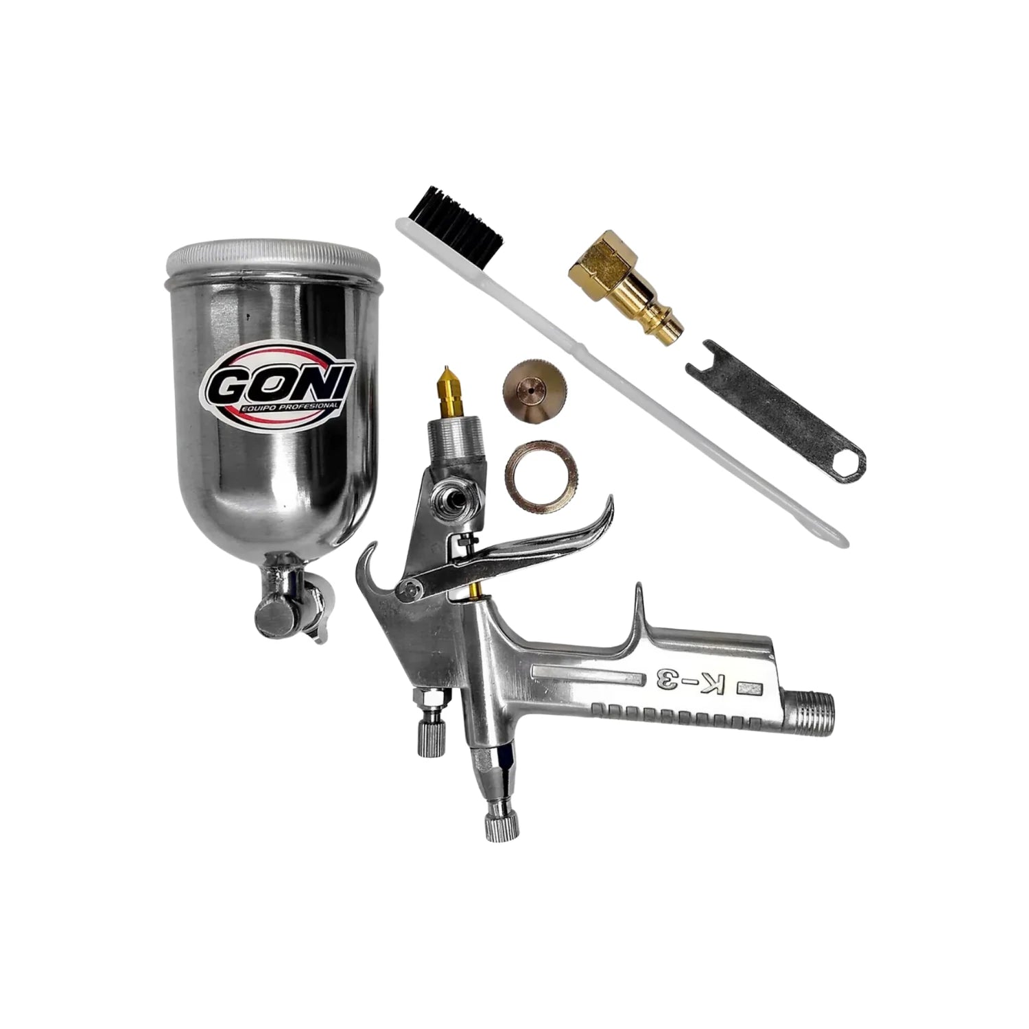 Pistola de pintura gravedad Goni K-3 mini 200ml, kit completo con cepillo, boquilla, vaso y conexión rápida.