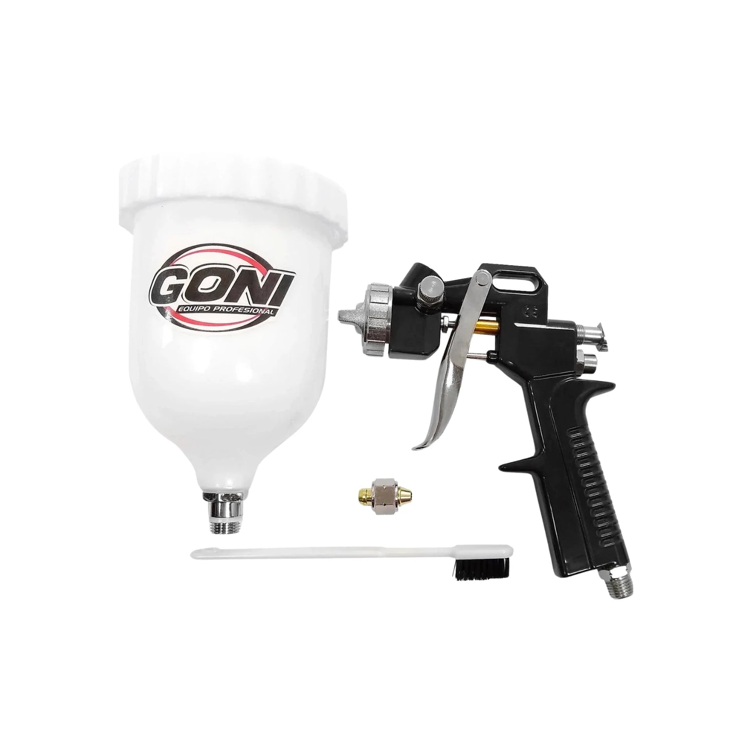 Pistola para pintar de gravedad Goni negra con depósito blanco, boquilla ajustable y cepillo de limpieza.