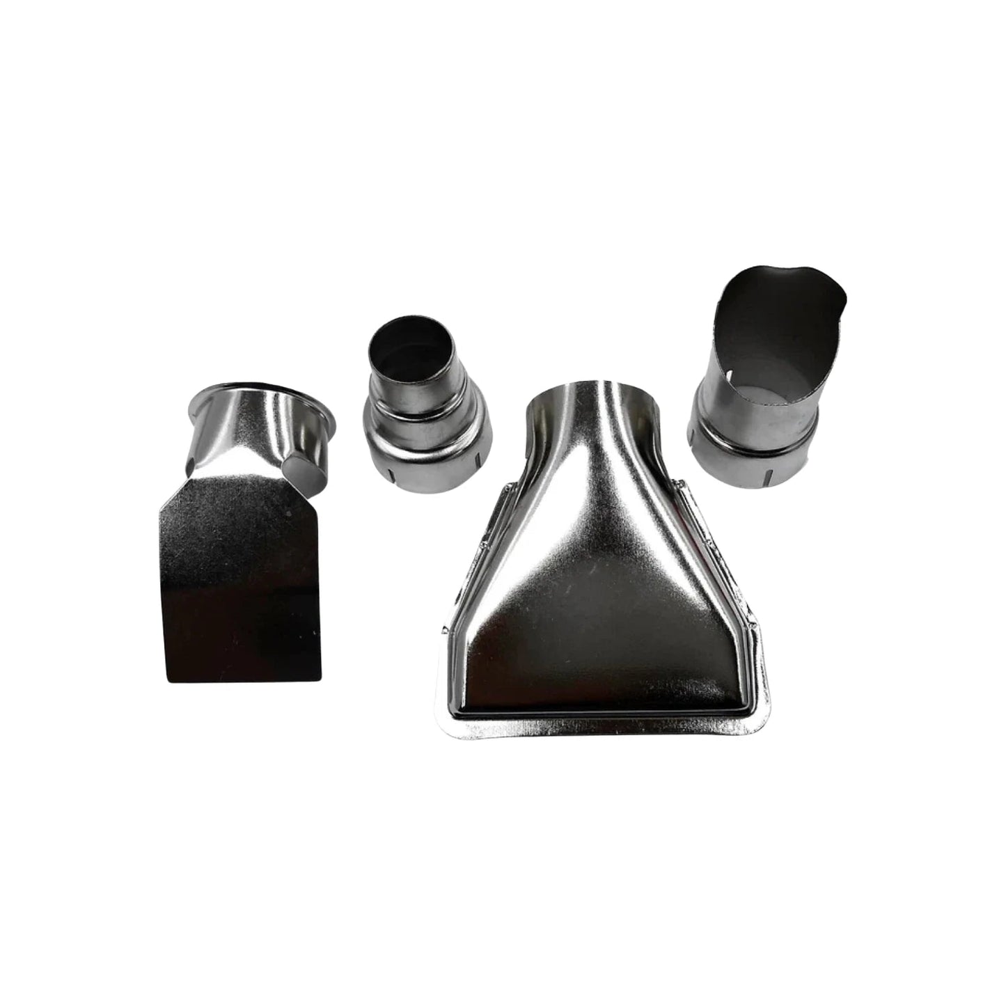 Set de 4 boquillas metálicas para pistola de calor, incluyendo concentrador, deflector y espátula. Accesorios versátiles.