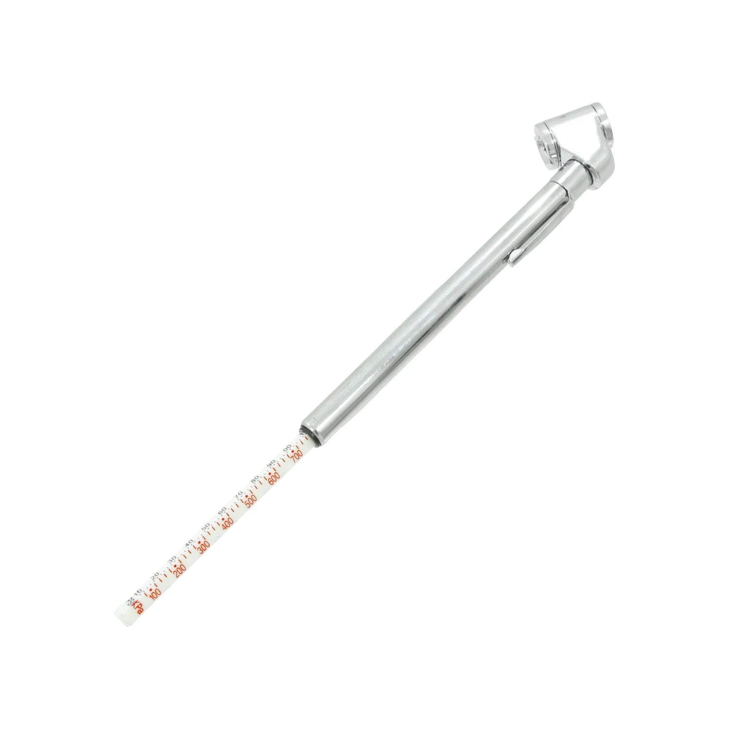 Calibrador de presión de neumáticos tipo pluma, metálico cromado, con escalas de 10-100 PSI y 100-700 KPa para autos.