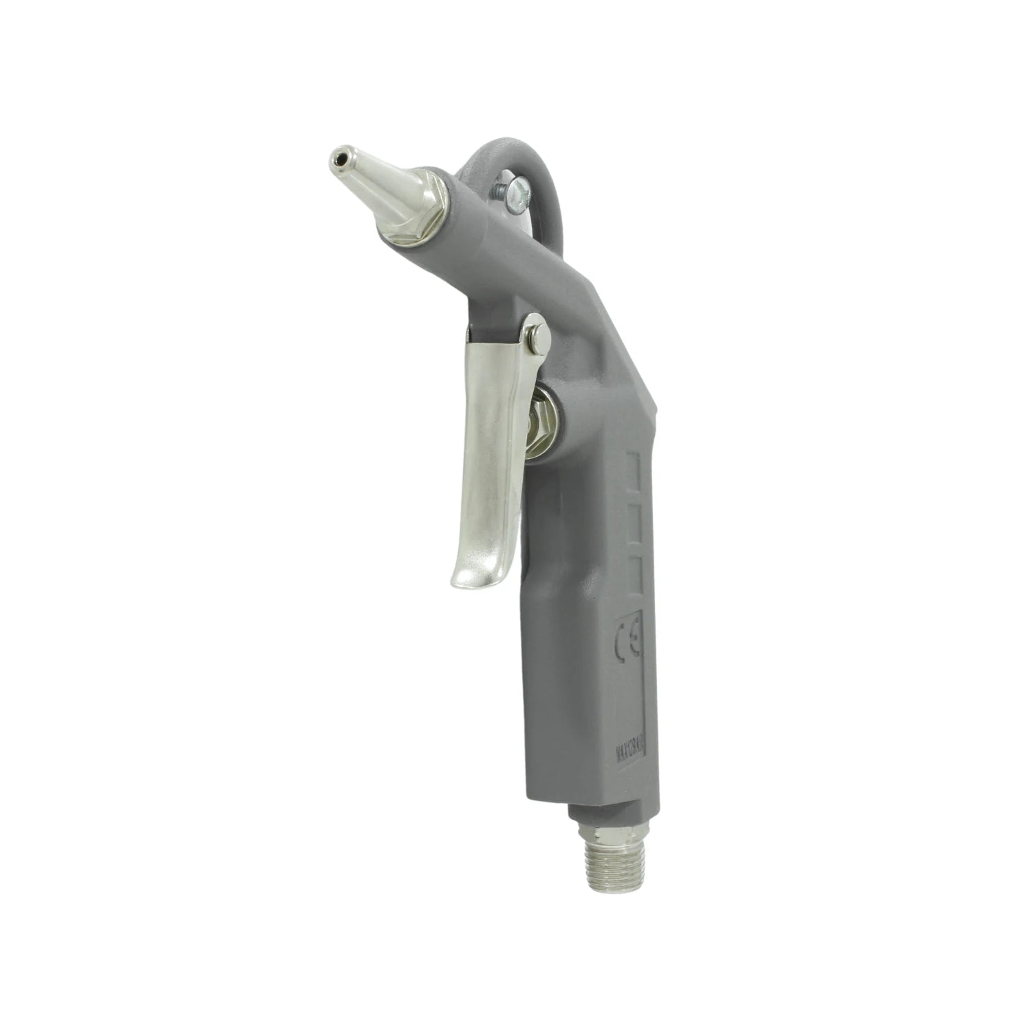 Pistola sopladora de aire gris con boquilla metálica, gatillo y conexión roscada, para limpieza neumática