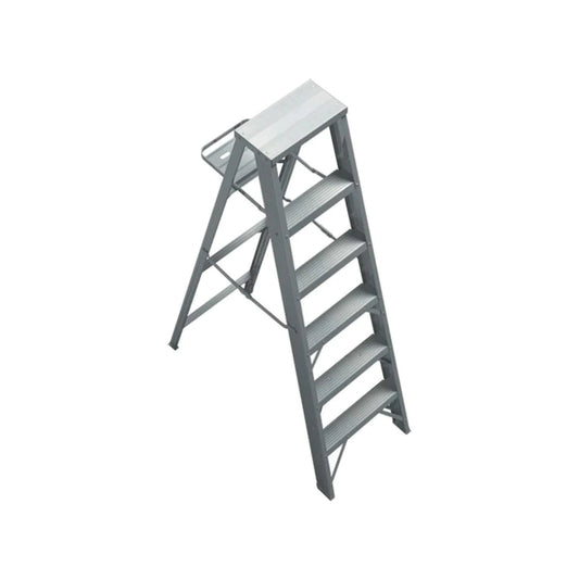 Escalera de tijera de aluminio plegable, 5 peldaños anchos antideslizantes, color plata para uso profesional.