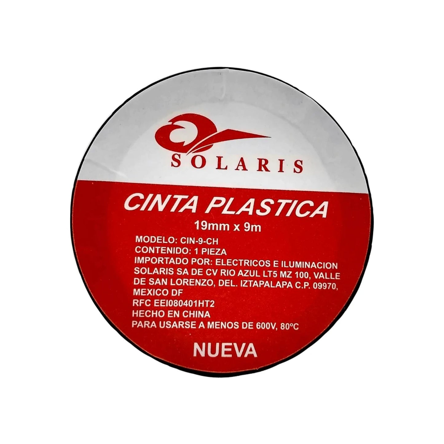 Cinta de aislar eléctrica negra Solaris 19mm x 9m para instalaciones seguras