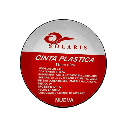 Cinta de aislar eléctrica negra Solaris 19mm x 9m para instalaciones seguras