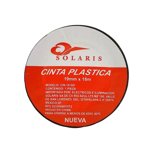 Cinta de aislar negra Solaris 19mm x 18m para aislamiento eléctrico hasta 600V 80°C