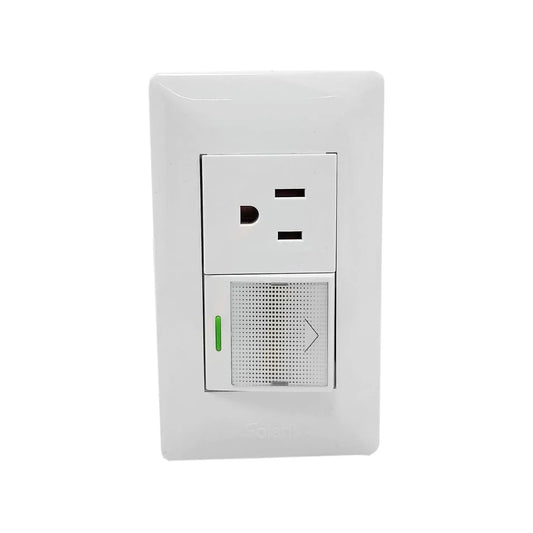 Placa eléctrica blanca Solaris con toma de corriente y sensor de movimiento para control de luz