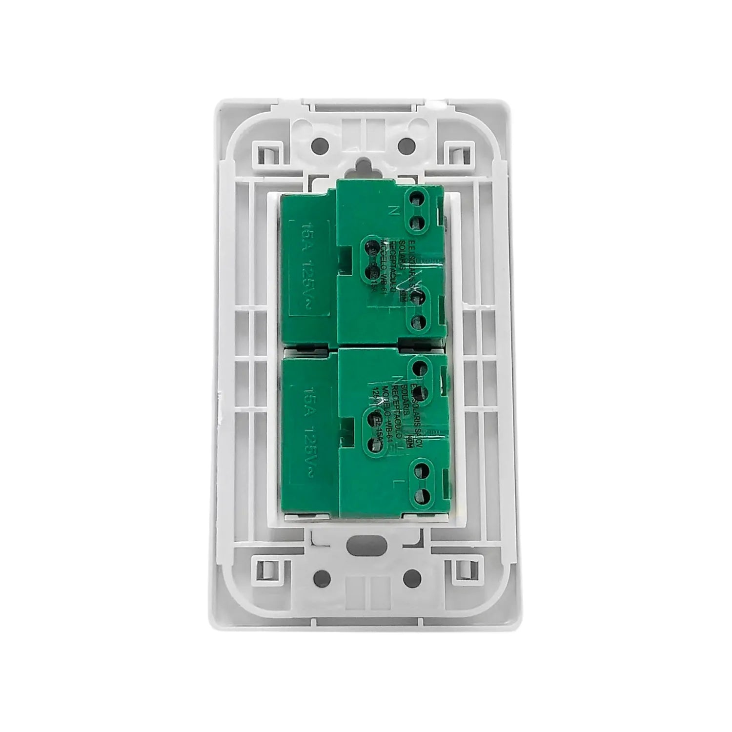 Placa eléctrica de pared blanca Solaris WB-61 con 2 receptáculos de 15A 125V para instalación.
