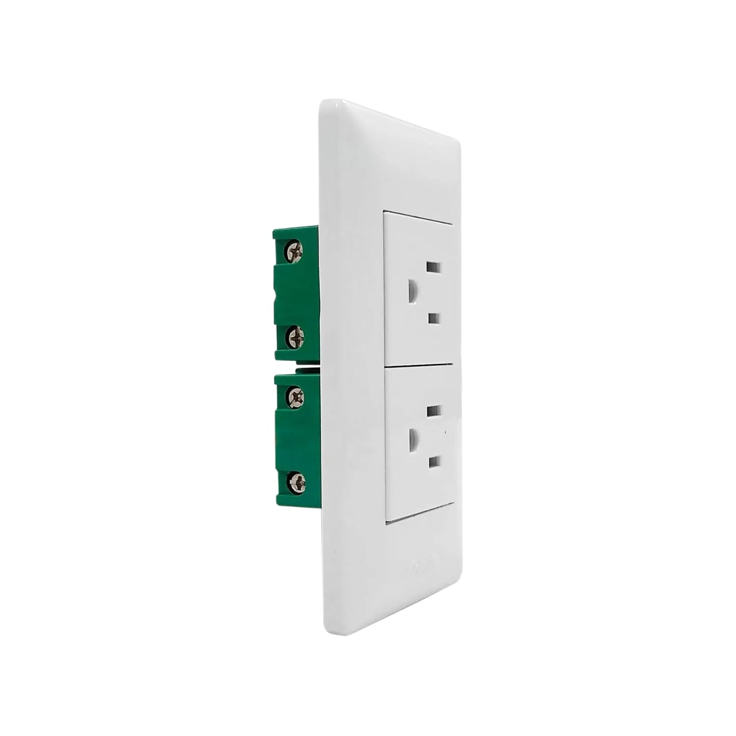 Placa de pared blanca con 2 contactos eléctricos polarizados para instalación.