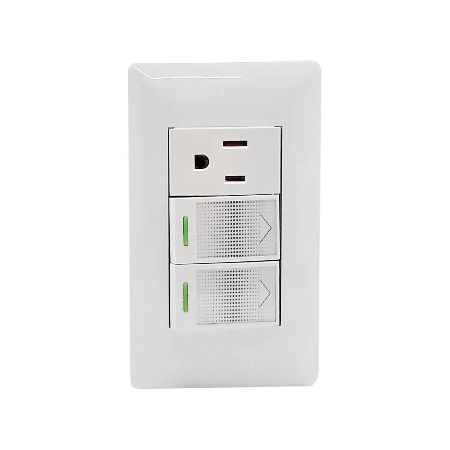 Placa eléctrica blanca Solaris con 1 contacto y 2 apagadores de luz con indicador LED.