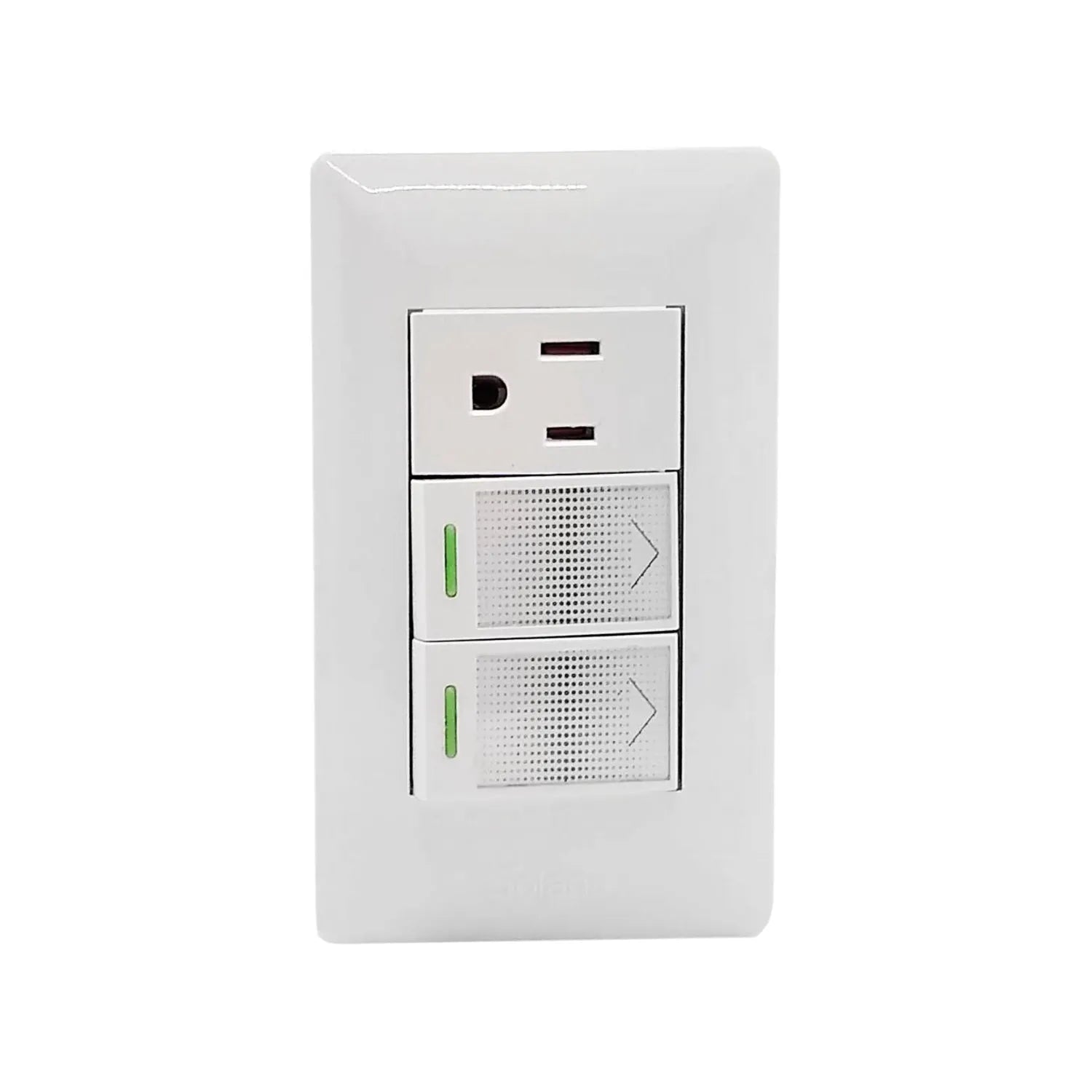 Placa eléctrica blanca Solaris con 1 contacto y 2 apagadores de luz con indicador LED.