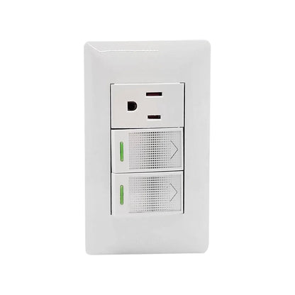 Placa eléctrica blanca Solaris con 1 contacto y 2 apagadores de luz con indicador LED.