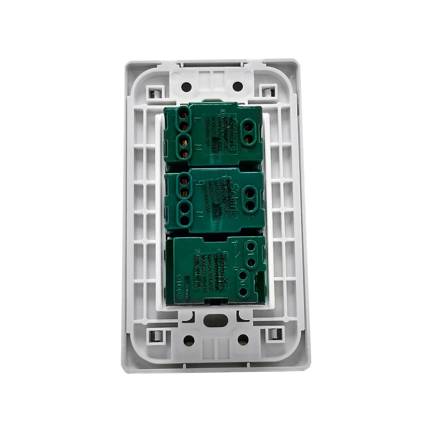 Placa eléctrica blanca Solaris WB-612 con un apagador y dos contactos tipo dúplex