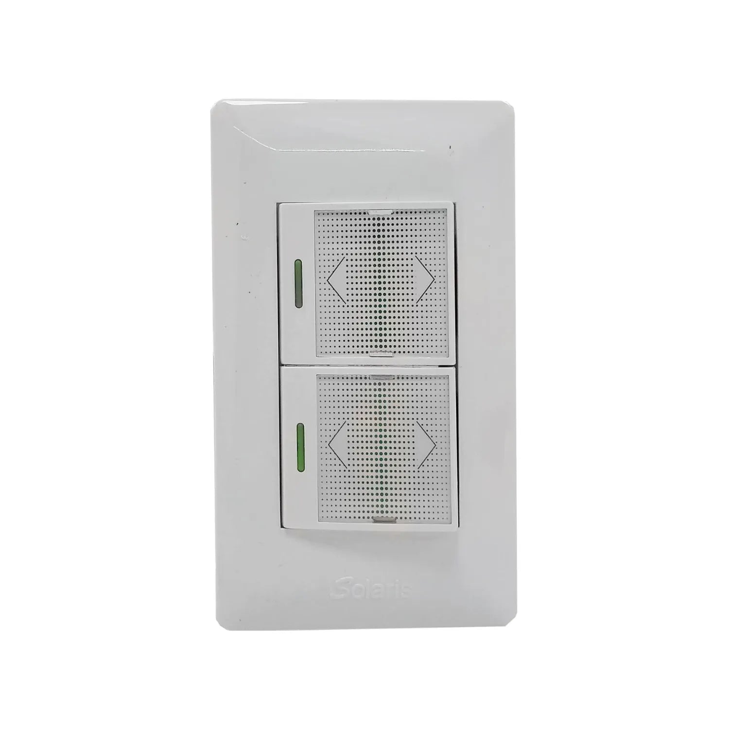 Placa doble interruptor de luz blanca Solaris, con diseño moderno táctil y luces LED verdes.