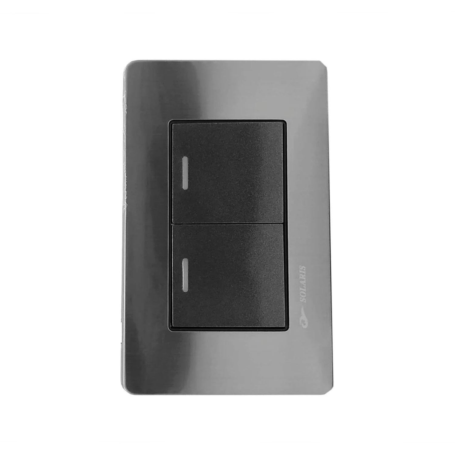 Placa de pared Solaris con 2 apagadores eléctricos negros y acabado cromado brillante