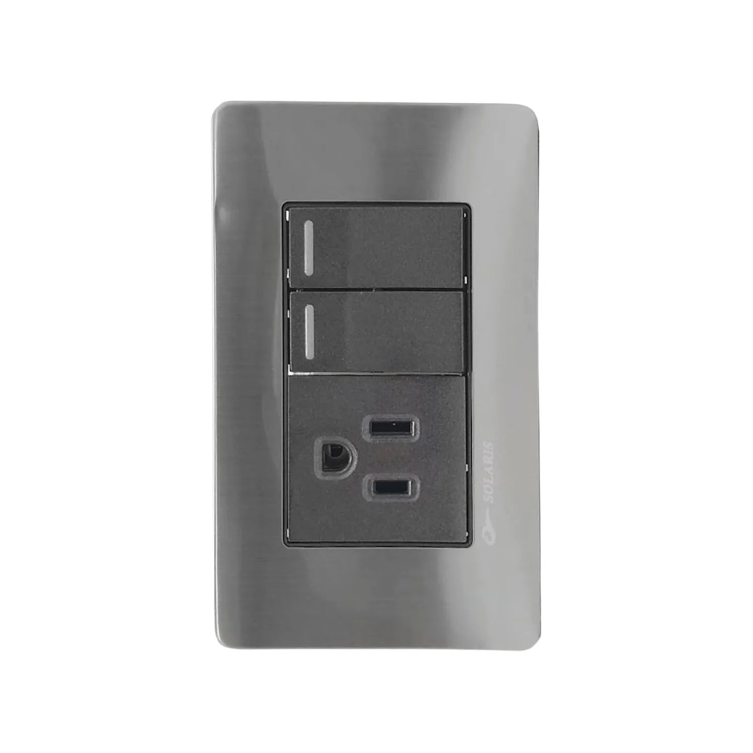 Placa eléctrica Solaris negro cromo con 2 apagadores y 1 contacto universal, para instalación de pared.