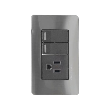 Placa eléctrica Solaris negro cromo con 2 apagadores y 1 contacto universal, para instalación de pared.