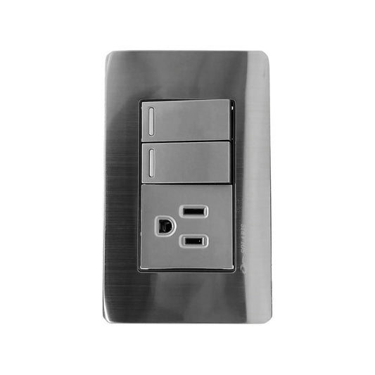 Placa eléctrica Solaris gris cromo con 2 interruptores y 1 contacto, diseño moderno de metal cepillado.
