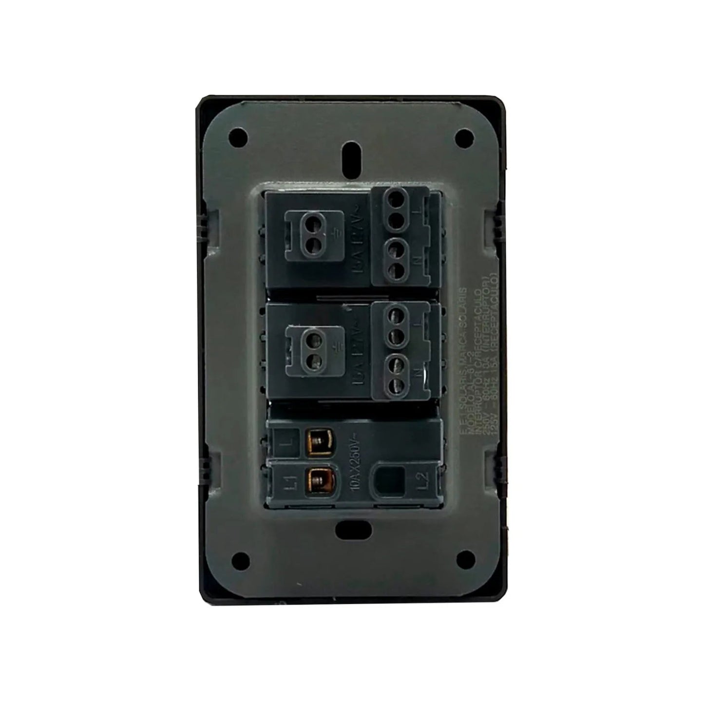 Placa eléctrica trasera Solaris con terminales para 2 contactos (15A 120V) y 1 apagador (10A 250V).