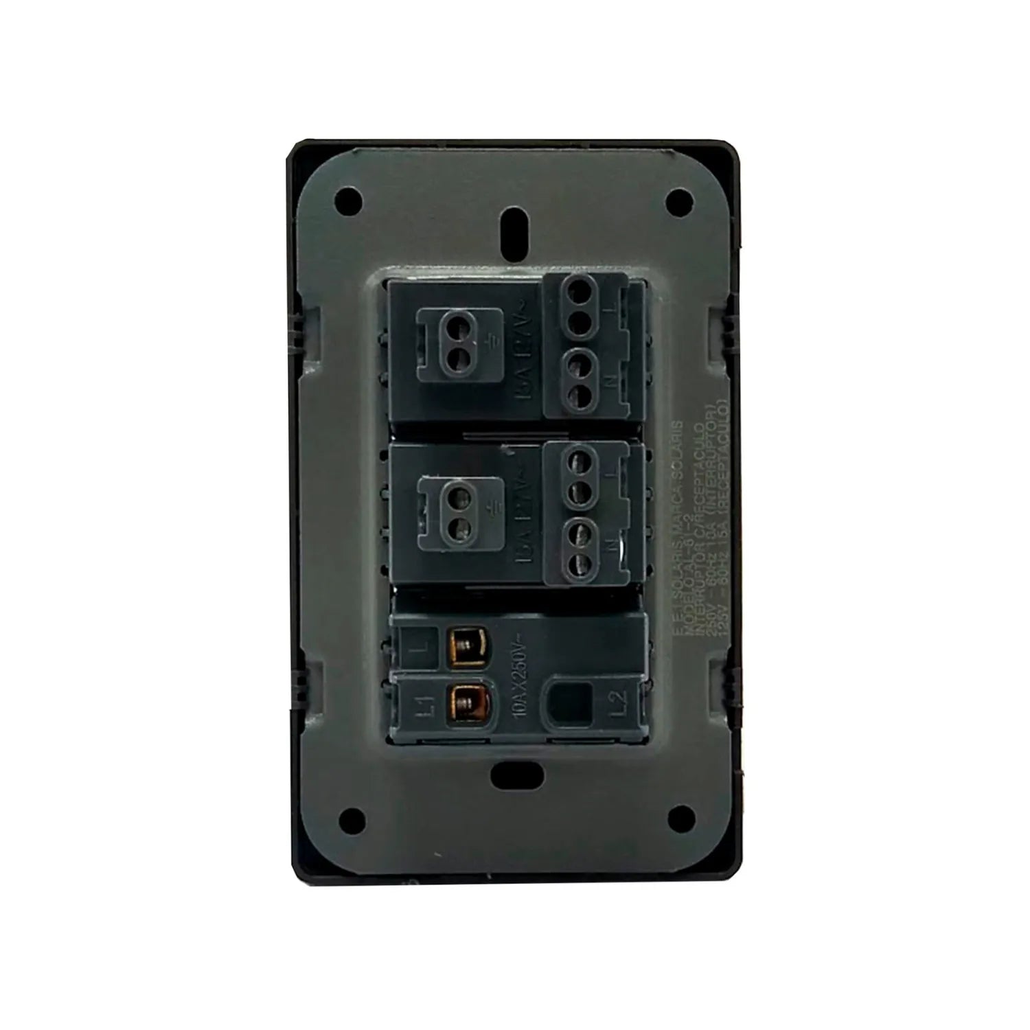 Placa eléctrica trasera Solaris con terminales para 2 contactos (15A 120V) y 1 apagador (10A 250V).