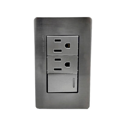 Placa eléctrica Solaris gris cromo con 1 apagador y 2 contactos polarizados para pared